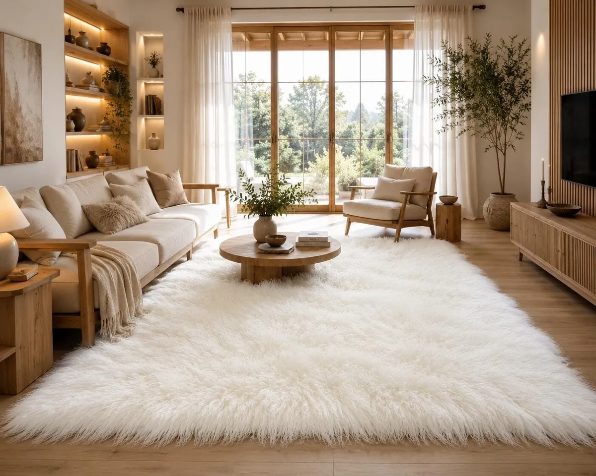 Mongolian sheepskin throw rug in a sunlit living room