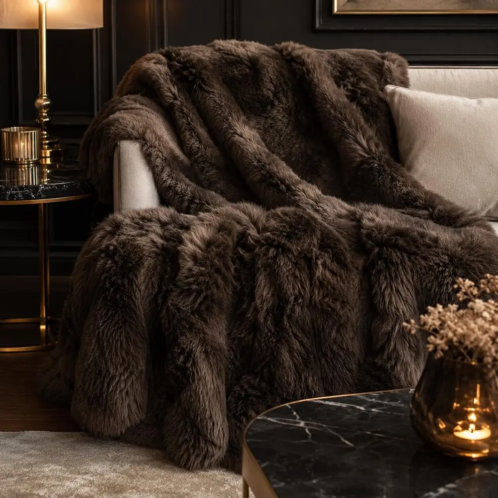 Chocolate Toscana sheepskin blanket over an armchair