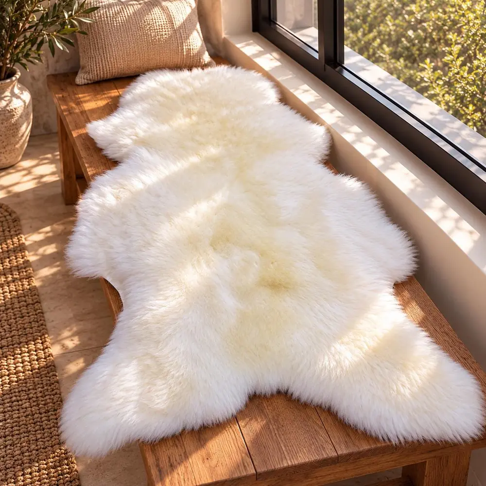 Natural cream Australian sheepskin pelt on a wooden window bench